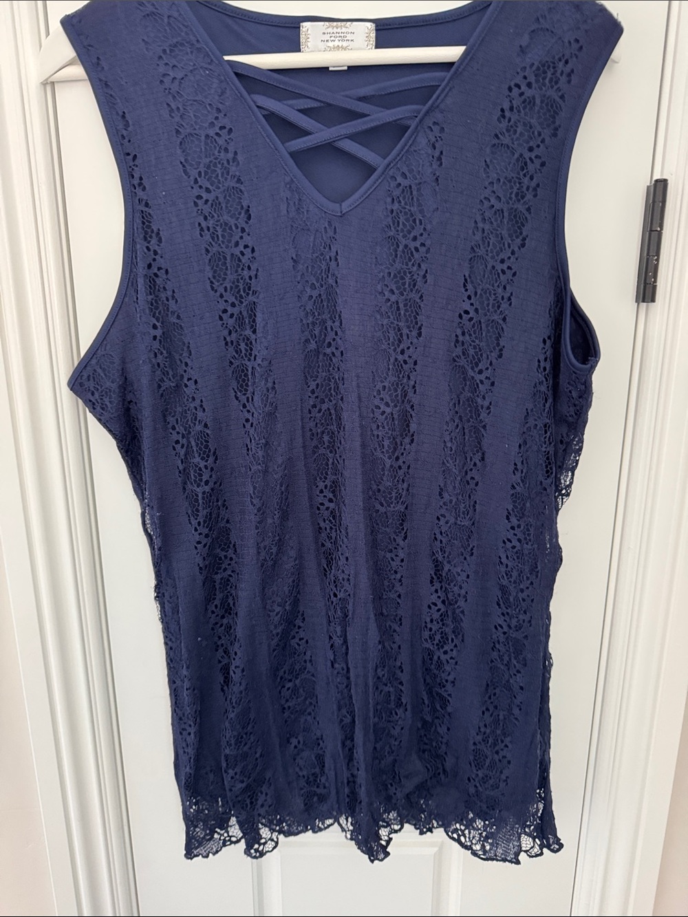 Lace-Trim Crisscross V-Neck Tank Top - Navy